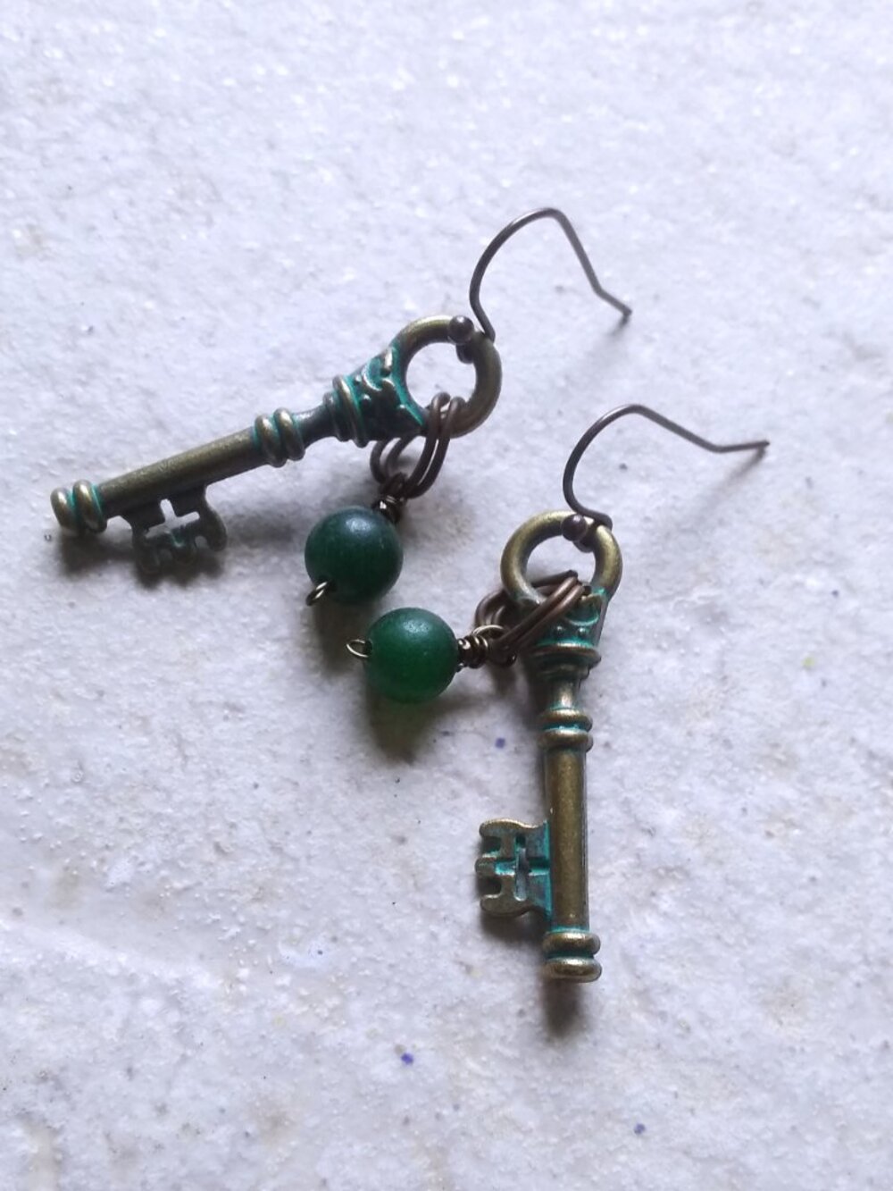 Handmade! OOAK Bronze Keys + Green Jasper Earrings - Boho ForestCore CottageCore